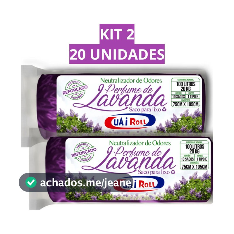 Saco De Lixo Kit 2 Rolls 100 Litros Tira Odor Perfumado Com Cheiro de Lavanda Com 20 Unidades