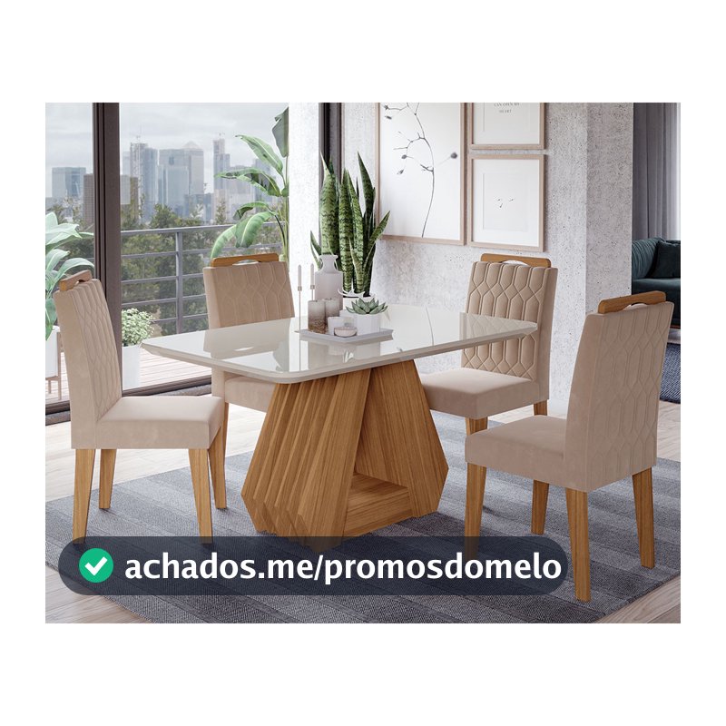 Conjunto Sala de Jantar Ágata Tampo em MDF e Vidro Com 4 Cadeiras Paola Cimol