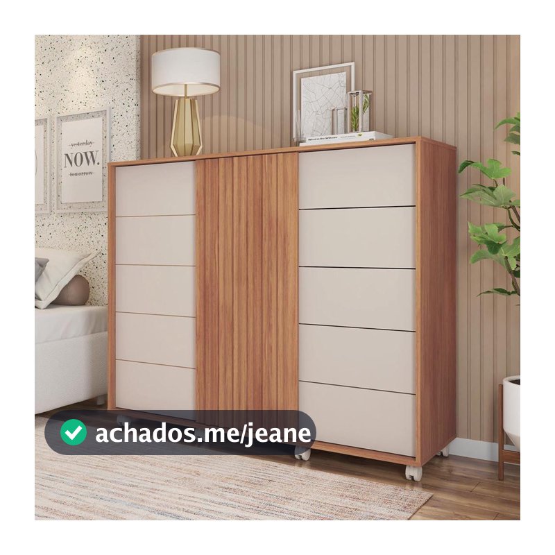 Cômoda Grande 2 Portas de Correr 5 Gavetas Freijó com Off White Pegasus Caemmun
