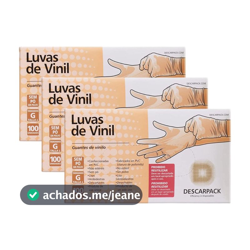 Kit 3 Caixas de Luvas de Vinil Descartável Sem Pó Descarpack 100un