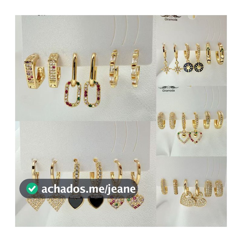 Kit 3 Pares de Brincos Femininos Banhados a Ouro 18K e Prata 925, Coração, Argola e Zircônias Coloridas