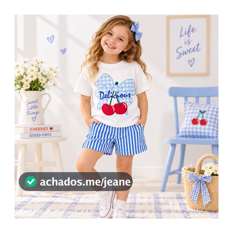 Conjunto Infantil Feminino Menina Camiseta 100% Algodão Short Listrado Cereja Verão Estampa Fofa