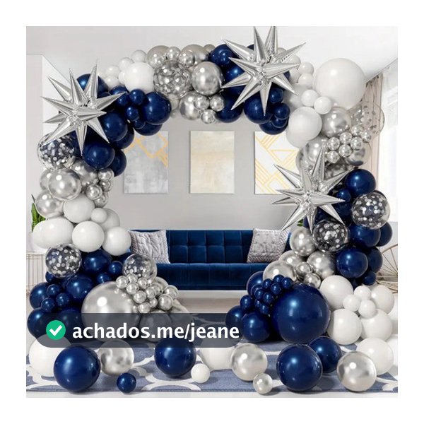 Kit 135 Balões Azul Cobalto Branco Prata Metalizado Arco Desconstruído + Fita 5m Festa Aniversário Chá Revelação