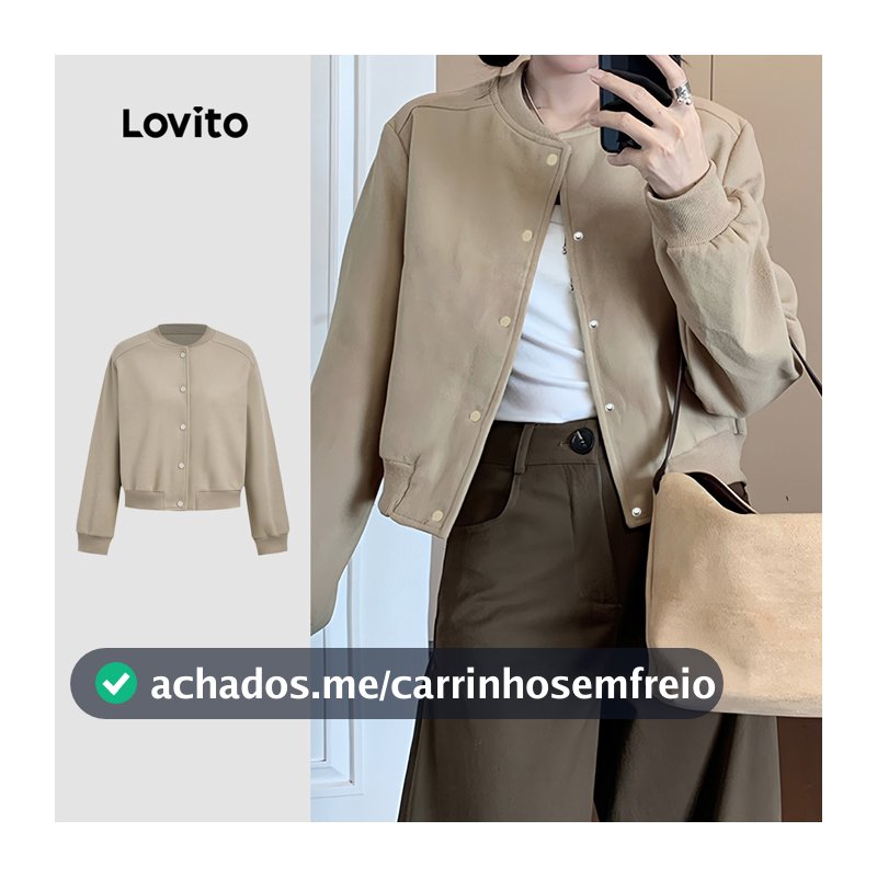 Lovito Cropped Casual Jaqueta Lazer Simples para Outono/inverno Feminina Khaki L173AD077