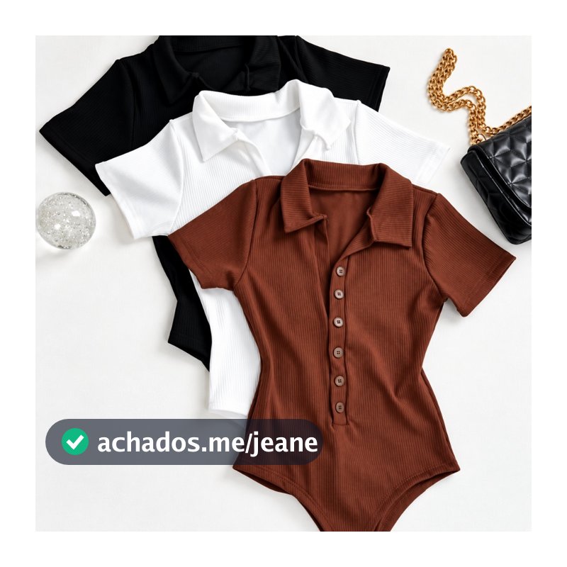 Body Feminino Gola Polo Canelado Manga Curta com Botões – Modelo Collant