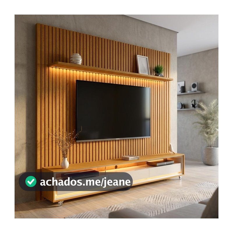 Rack com Painel Ripado até 70 Polegadas Sintra com LED 2 GV Cedro e Off White Alt 218 Larg 177 cm