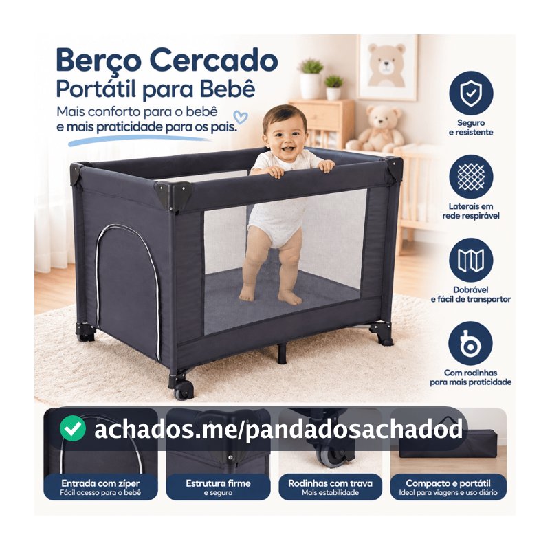 Berço Cercado Portátil para Bebê com Rodinhas e Tela Respirável, Cama Infantil Dobrável e Segura para Recém-Nascido