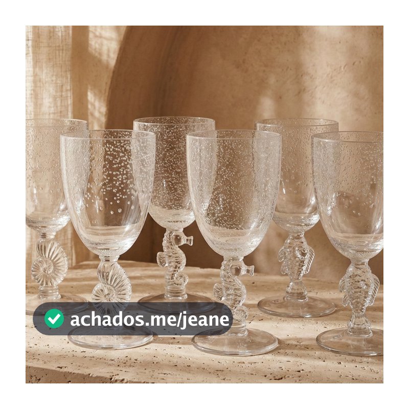 Jogo de 6 Taças Água Vinho Fundo do Mar e Bolhas em Acrílico Transparente Peixe Cavalo Marinho Concha