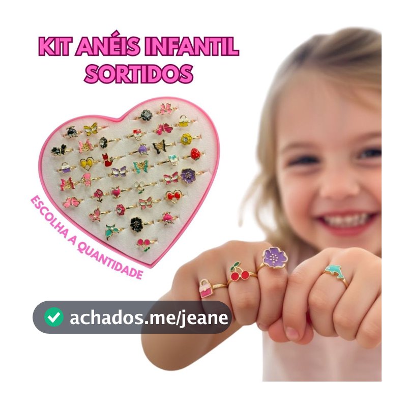 KIT Anéis Infantil Sortidos Ajustáveis Menina Anel  para Criança Modelos Divertidos