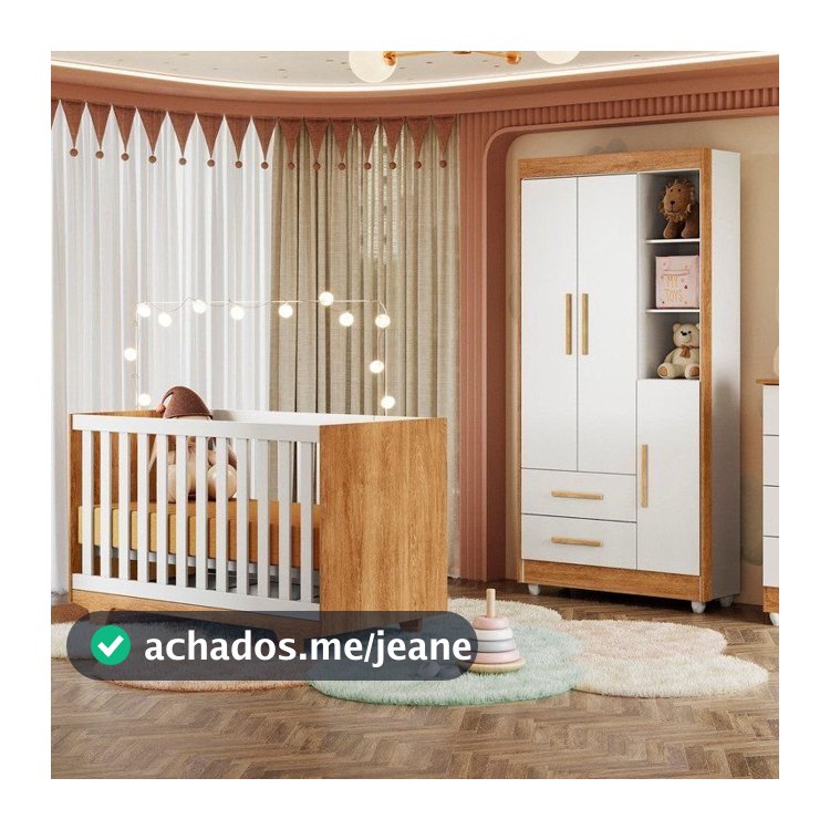 Quarto de Bebê Guarda Roupa 3 Portas e Berço Mini Cama 100% MDF Nina Branco/Amadeirado