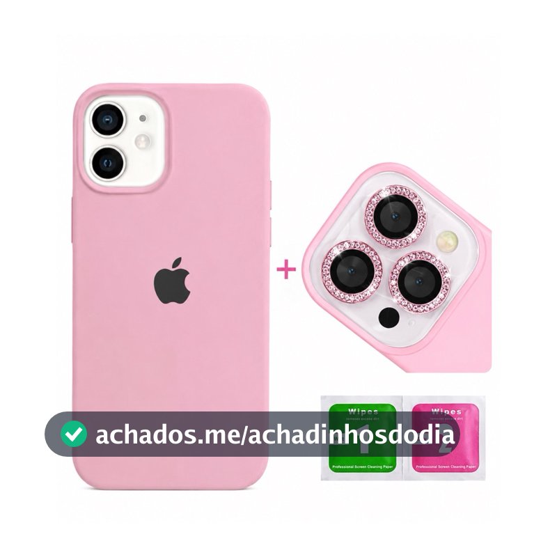 Kit Capinha Silicone Aveludada + Película Lente Câmera Diamante para iPhone 11 12 13 14 15 16 Pro Max