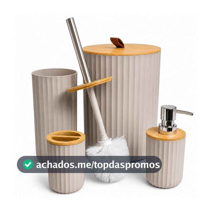 Kit Lavabo Banheiro 4 Peças Lixeira 6,5L Tampa de Bambu Escova Sanitária Dispenser e Porta Escovas