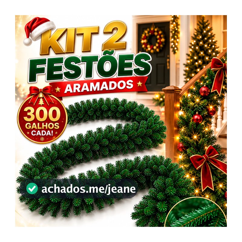 Kit 2 Festão Aramado Natal Grosso 270 Metros C/ 300 Galhos Cheios Luxo Flexível Decoração