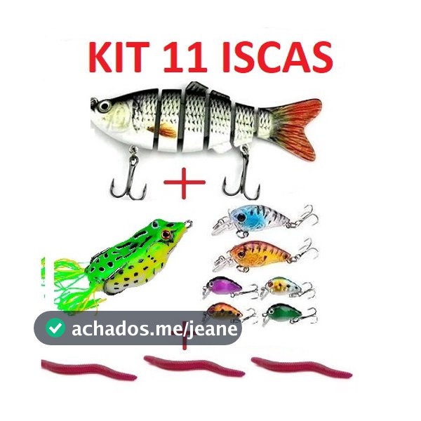 kit 11 iscas artificiais lambari articulado 10cm + isca frog 4cm + 4 iscas 2,8cm + 2 iscas 4,5cm + 3 iscas minhocas 3cm