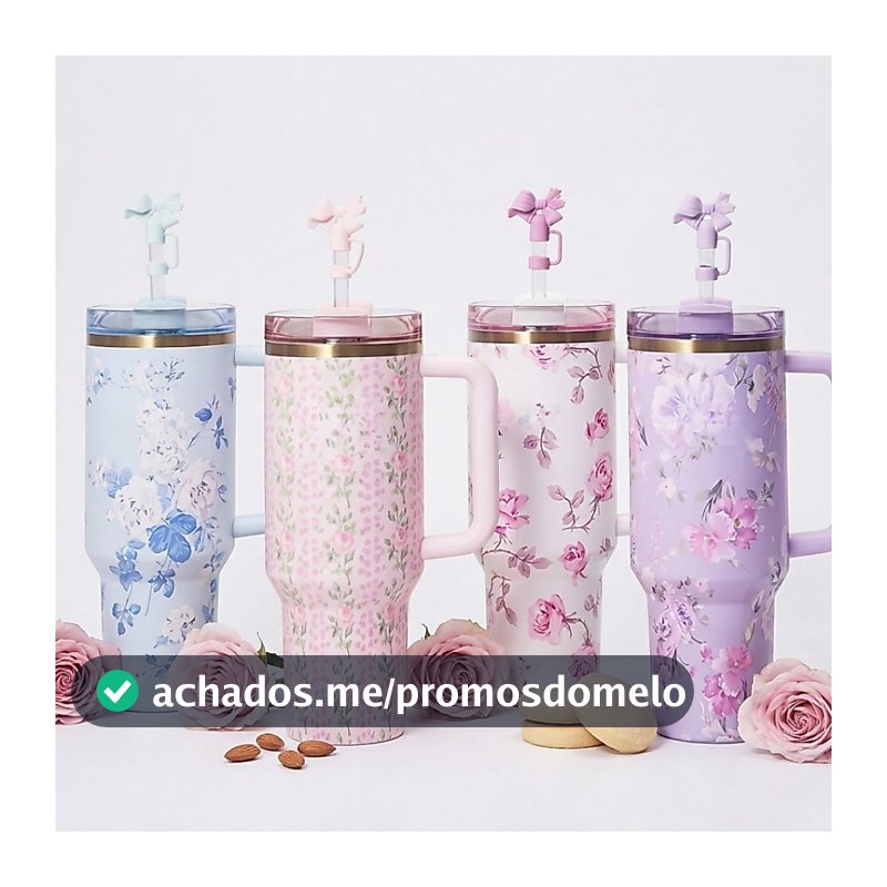 Copo Garrafa Térmica Inox 1200ml Estampa Floral Com Canudo E Alça