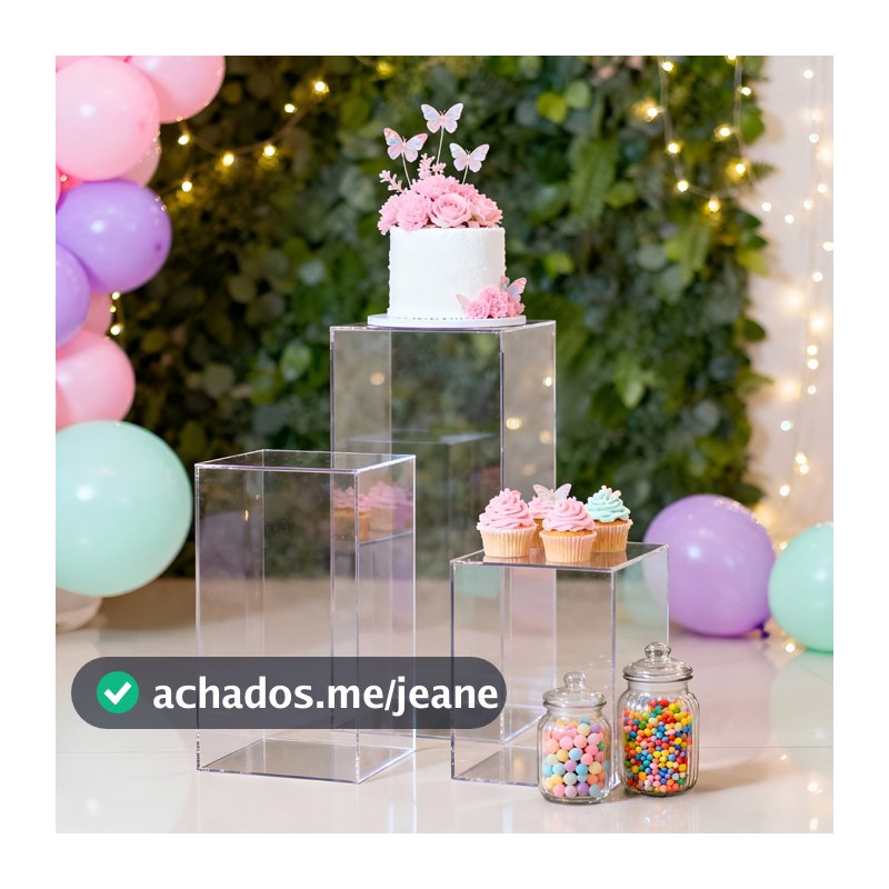 Trio de Cubo Transparente Acrílico Cristal 80/60/40 Cm Com Caixa de MDF para transporte- Kit Mesa Decoração para Festas