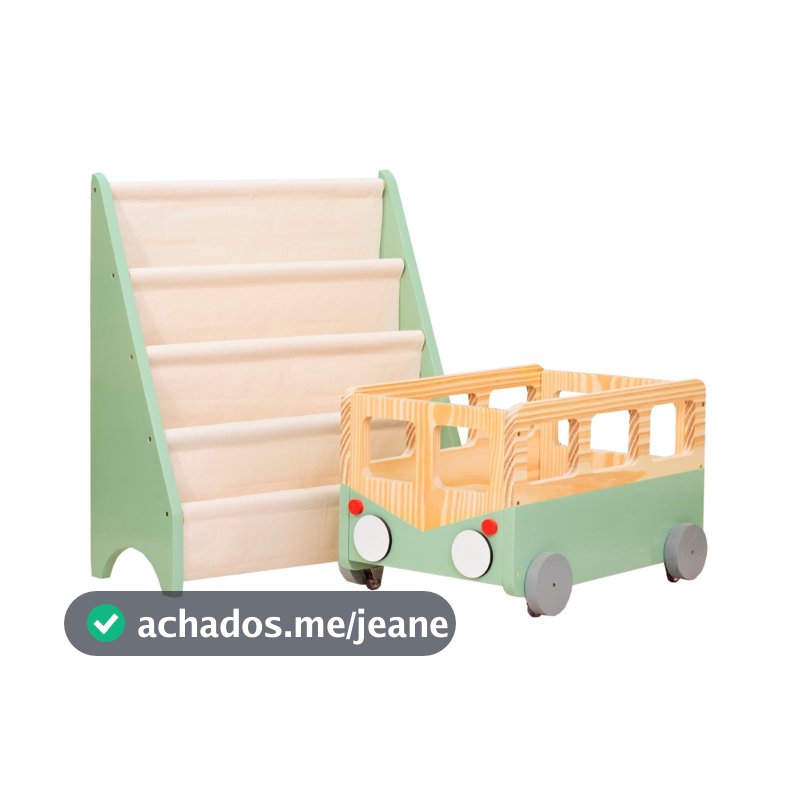 Brinquedoteca Montessori Rack Livros + Caixote Kombi Verde