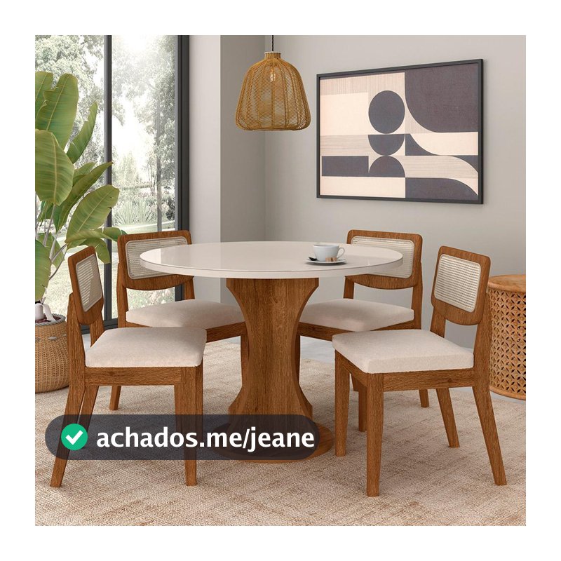 Mesa Com 4 Cadeiras Redonda C/vidro Santorini Fre/off/bouclé Off - M.a