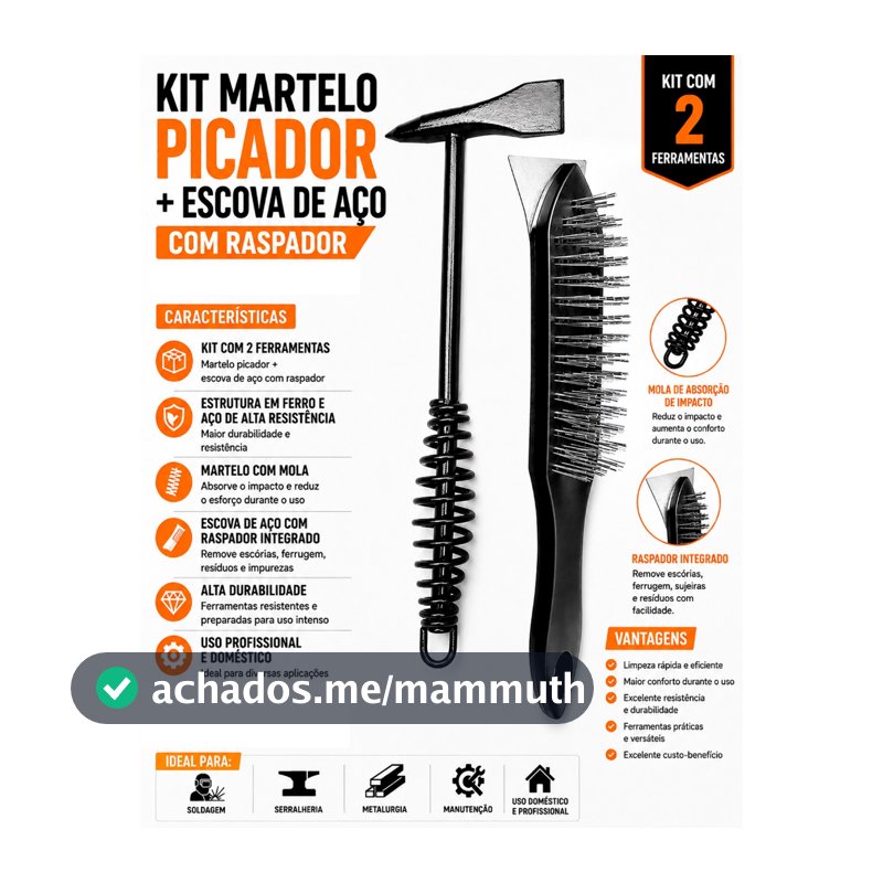Martelo Picador com Mola e Escova de Aço com Raspador para Solda 27cm Profissional