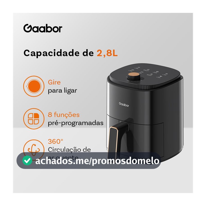 Gaabor Air Fryer 2,8L 800W 360° Ar Quente Timer 60 Min 200°C Antiaderente Sem BPA 8 Menus AF-35M02A