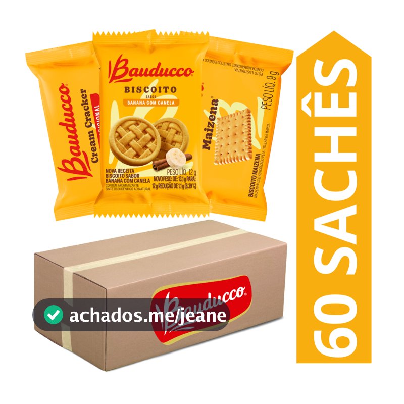 Kit 60 Sachês Biscoito Bauducco Sabores Banana Com Canela, Maizena, Cream Cracker