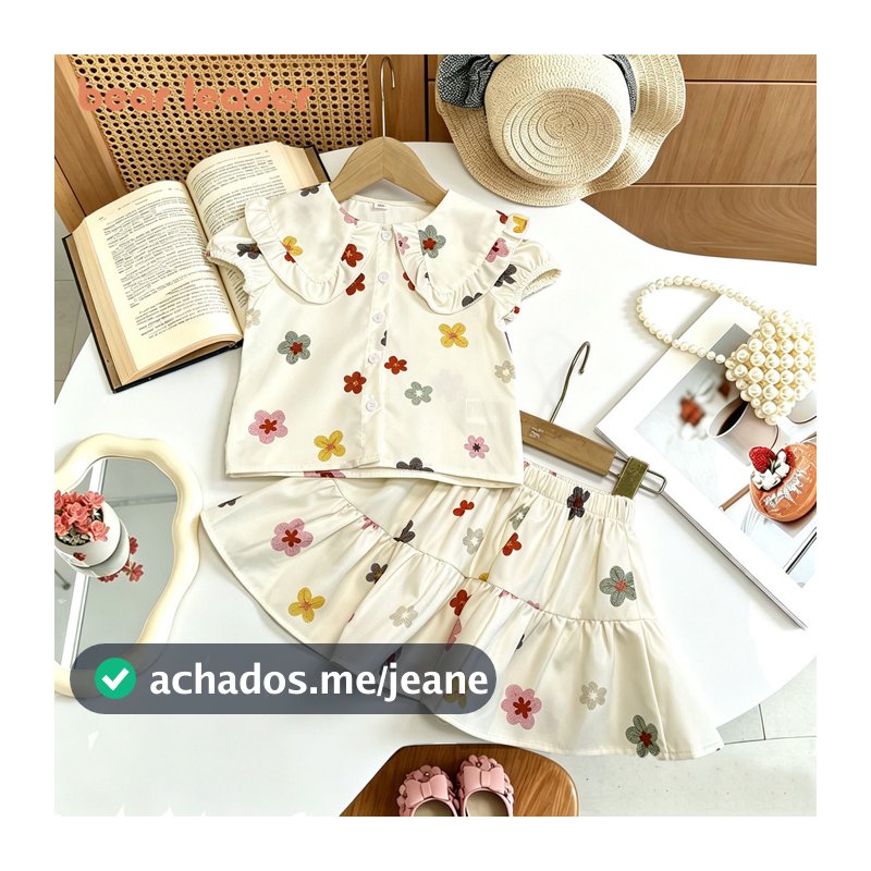Urso Líder Versão Coreana Camisa De Lapela Com Estampa Floral + Saia Plissada Conjunto De Duas Peças Verão Roupas Fofas