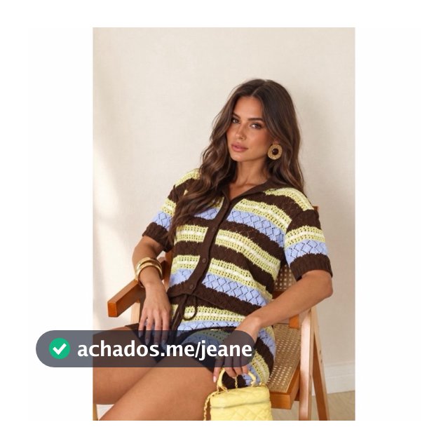 Conjunto Tricot Feminino Rendado Short e Camisa com Botões Listrado Moda Verão Praia Férias