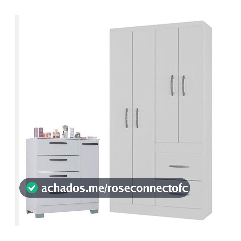 Cômoda 868 4 Gavetas E 1 Porta Com Guarda Roupa Solteiro Milão 4 Portas Branco Brilho - Poquema