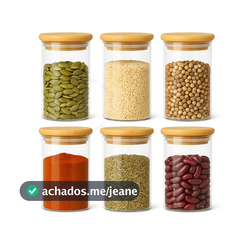 Kit 6 potes de vidro com tampa de bambu herméticos para mantimentos empilháveis 400ml
