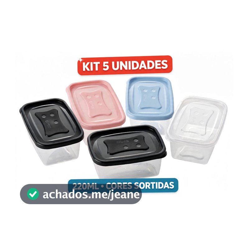 Kit 5 PoteS 220ml Retangular Com Tampa Preta Rosa Azul Transparente - Micro-ondas e Freezer