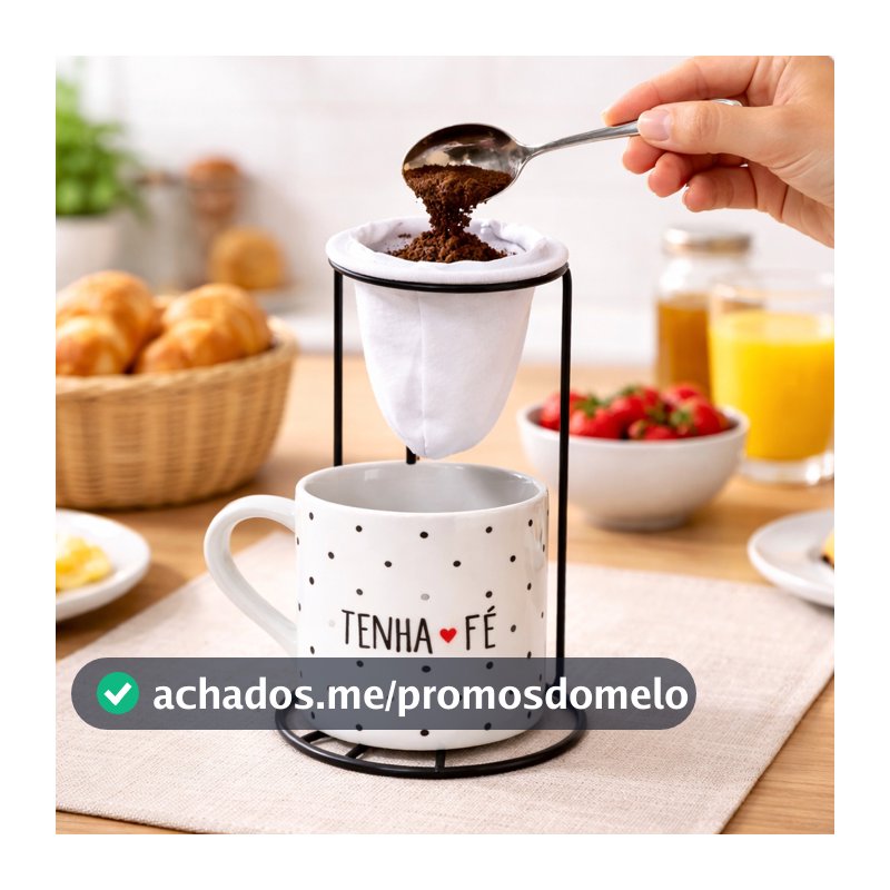 Kit Xícara de Porcelana Reta 300ml Tenha Fè + Suporte com Coador de Café e Chá