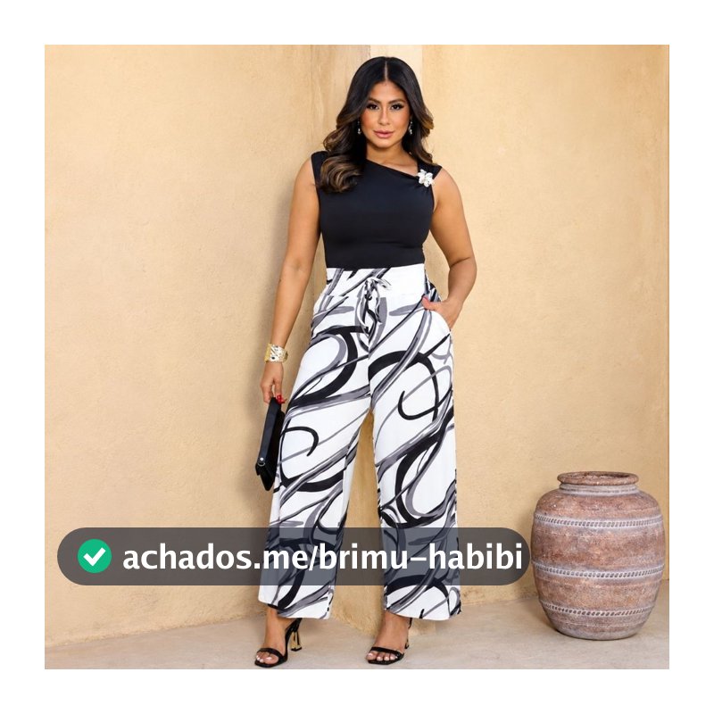 Calça Pantalona Feminina Estampada Cintura Alta com Bolsos e Amarração Geometrica Oval