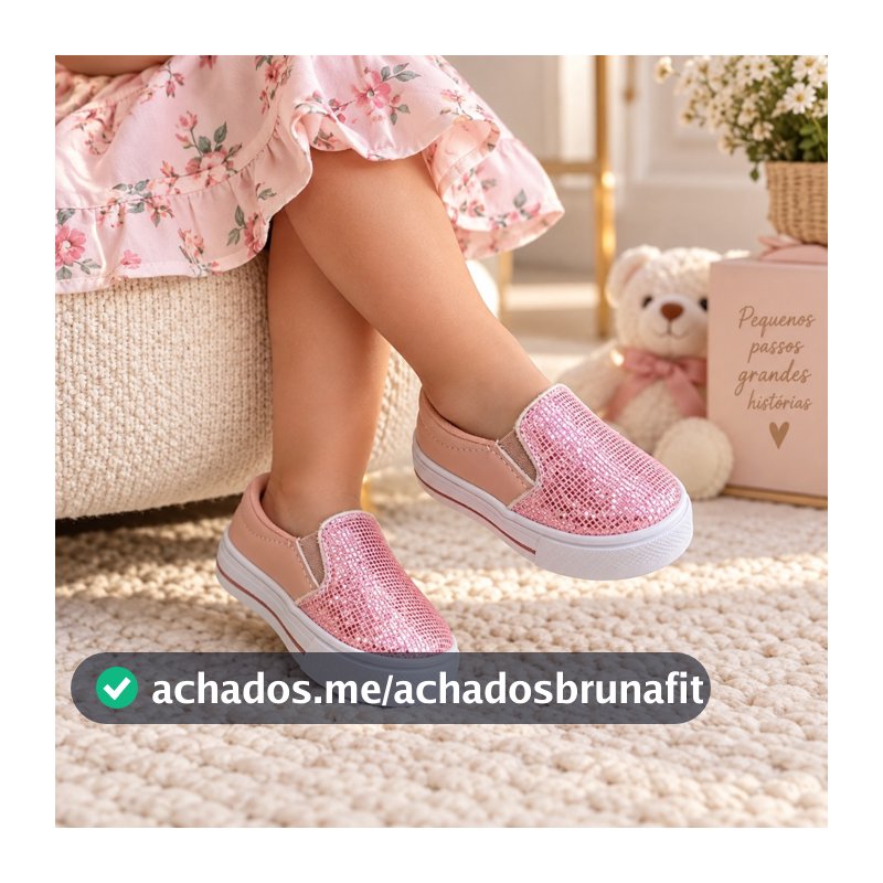 Tênis Baby Infantil Slip On com Glitter Calce Fácil Confortável Menina Bebê
