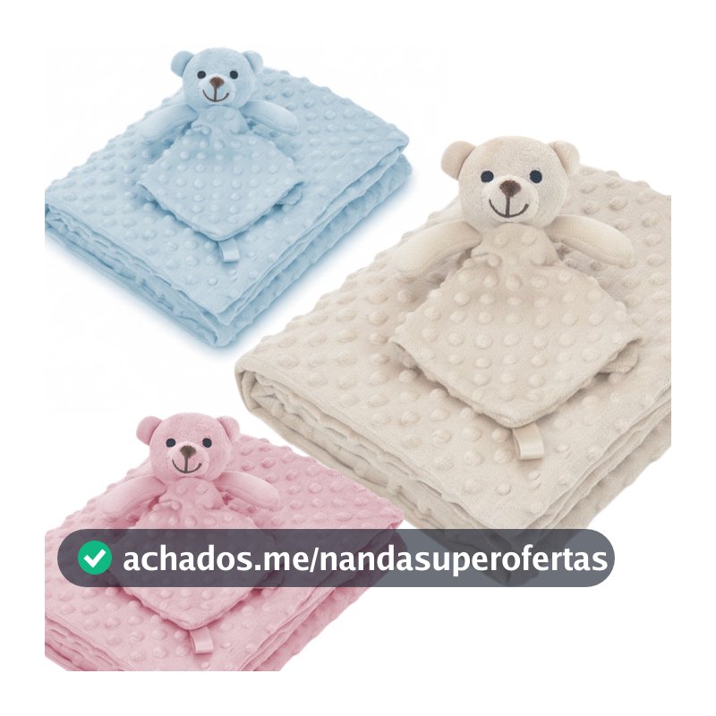 Kit Manta + Naninha Bebê com Prendedor de Chupeta - Urso Azul Bege e Rosa Pipoquinha Hipoalergenica