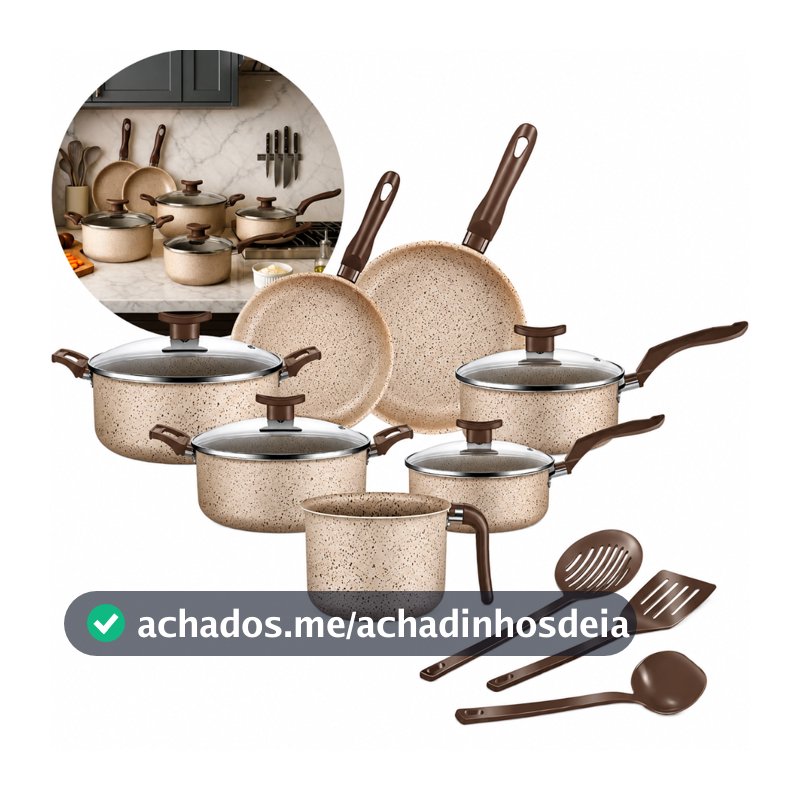 Jogo De Panelas 10 Peças Antiaderente Conjunto Frigideira Fervedor tampa de vidro Cor Coffee Cappuccino Kit Talheres