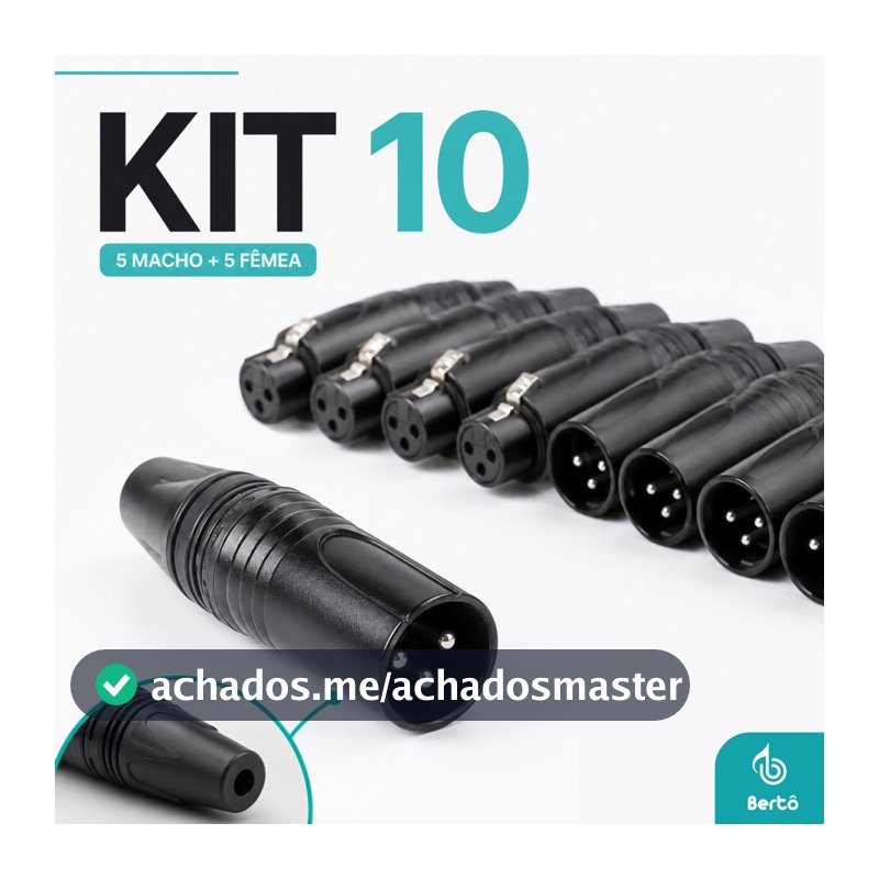 Kit 10 Conector Plug XLR Canon Macho e Fêmea 3 Pinos Preto Bertô Profissional