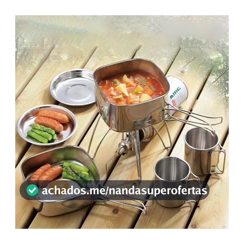 Kit Panelas Aço Inox Compactas para Camping Trekking Panelas Pescaria Completo Portátil Pesca Mochilão com Canecas