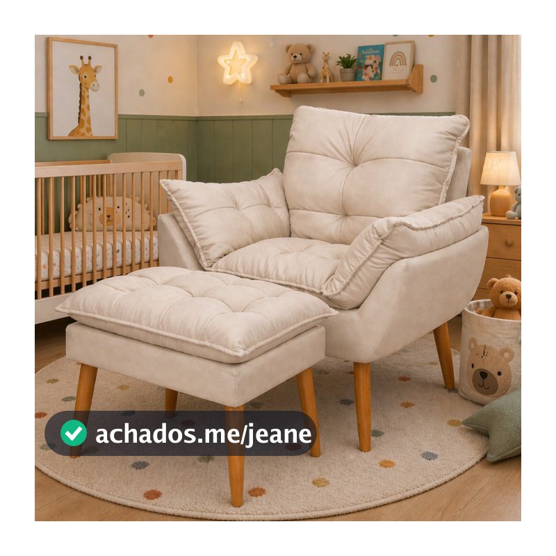 Kit Poltrona e Puff Bege Suede Decorativo Amamentação Pés Palito Fibra de Silicone - Sentta Furniture