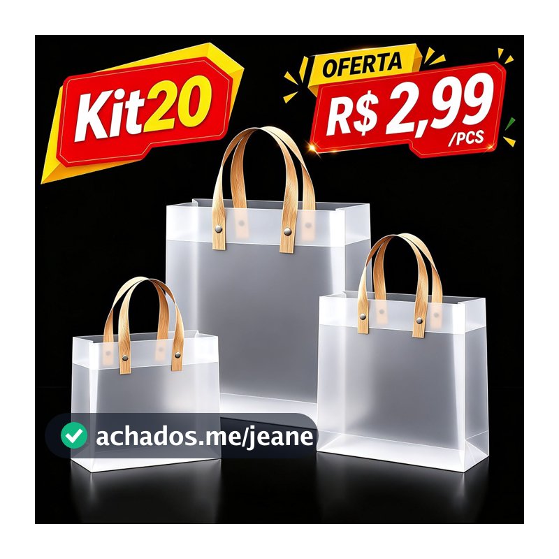 Kit 20 Sacola De Presentes Transparente Aniversário PP Fosco Premium Reutilizável Impermeável Alça Reforçada Festa Natal