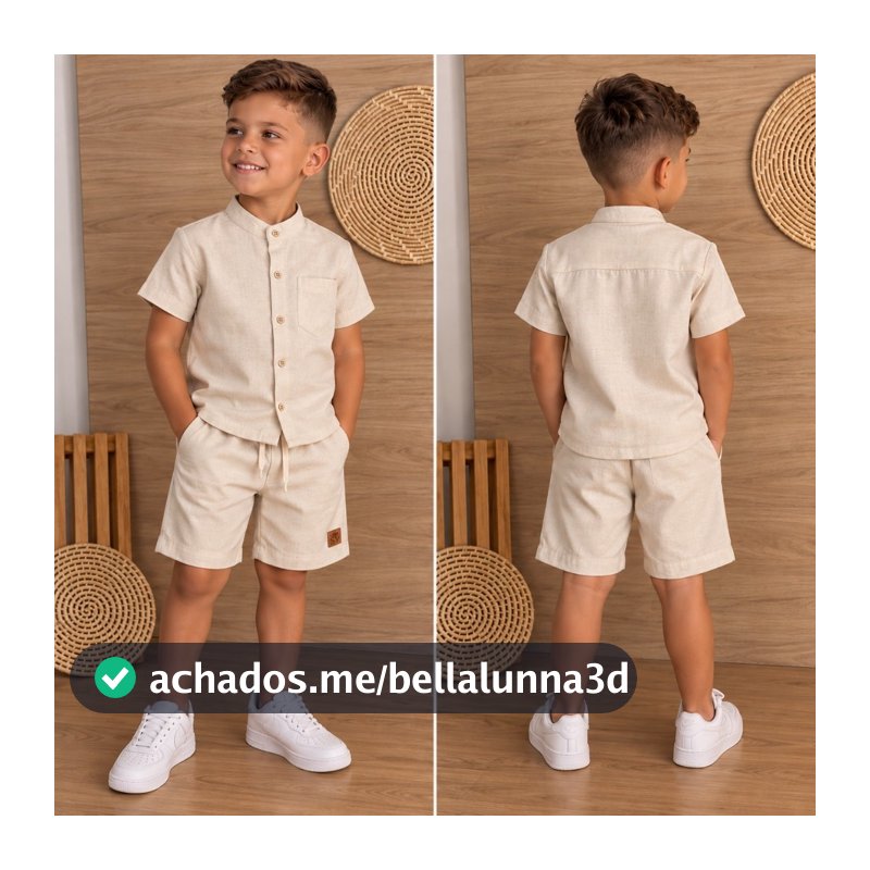 Conjunto Infantil Mauricinho Masculino Menino Camisa Social Manga Curta Bermuda Linho