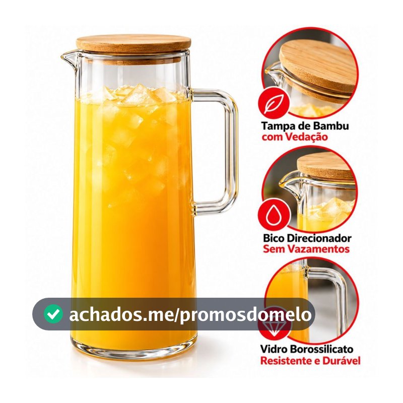 Jarra de Vidro Borossilicato 1 Litro com Tampa de Bambu para Suco Água Chá Gelado 1 ou 2 Unidades
