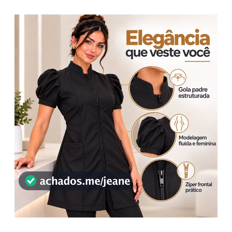 Jaleco Feminino Preto Manga Bufante Princesa Gola Padre Bolso Zíper Oxford Médica Estética Manicure Dentista Enfermagem