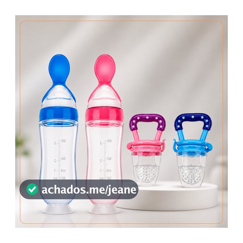 Alimentação Infantil Chupeta Mordedor Porta Frutas e Mamadeira de Silicone com Colher Dosadora 90ml