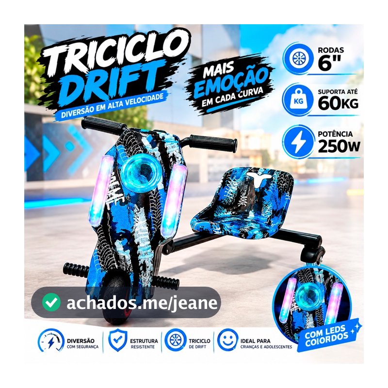 Triciclo Elétrico Infantil Drift 6" Polegadas 250W Com Luz LED Bluetooth + Kit Proteção