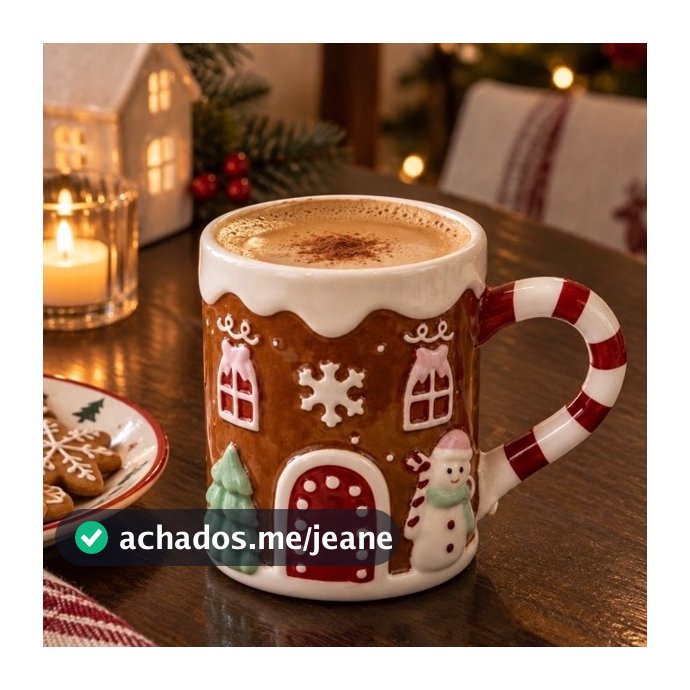 Caneca Natalina Casinha Gingerbread em Porcelana – 350 ml | Alça Bengala Doce