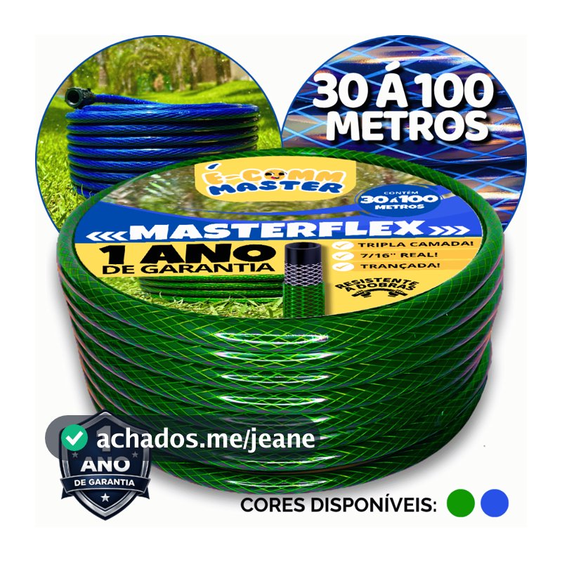 Mangueira de Jardim Verde e Azul 30m á 100m, Trançada Reforçada Tripla Camada, 7/16" Polegadas