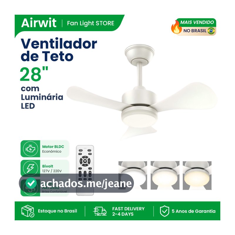 Airwit 28 Inch 3 Pás Ventilador de Teto com Luminária LED Motor BLDC 6 Velocidades Controle Remoto 127/220 Volts