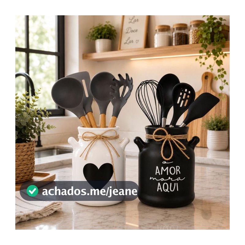 Kit 2 Leiteira Cerâmica Porta Talher Fios de Rami Decoração Casa Cozinha