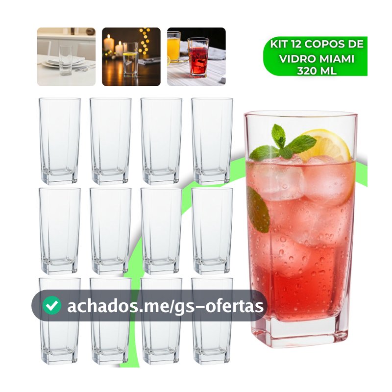 Jogo 12 Copos Miami 320ml Vidro Grosso Moderno Luxo Elegante Quadrado Alto Texas Bali Água Drink