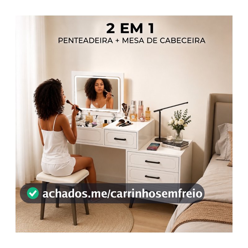Penteadeira com Espelho LED 5 Gavetas com Banqueta Mesa de Maquiagem Branca Yesop
